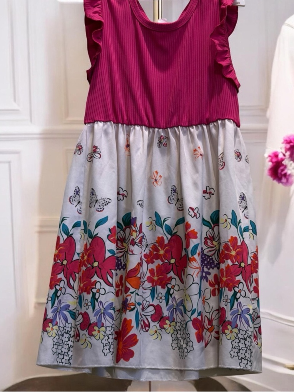 Girls Sleeveless Pink Floral Print Dress